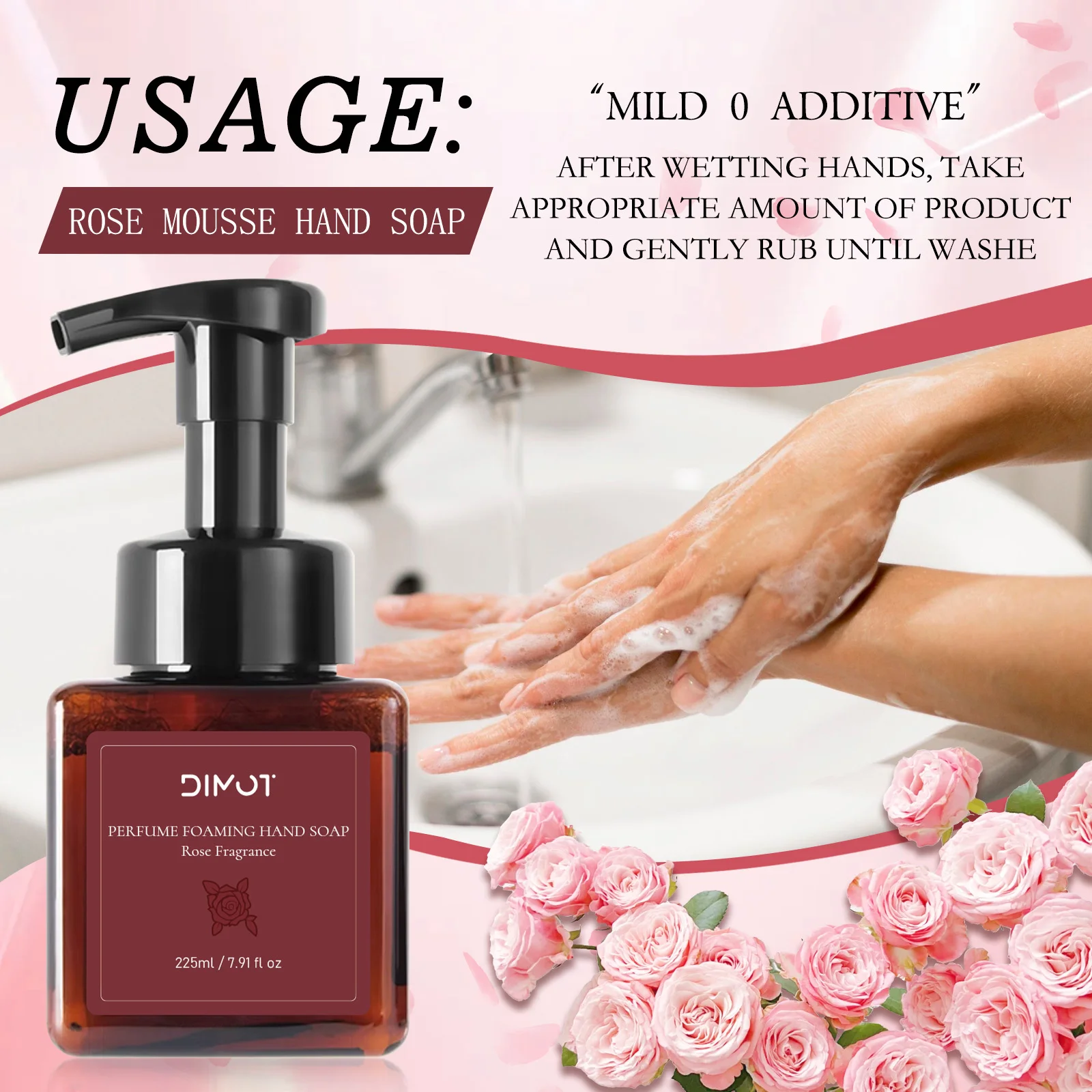 

225ml Rose Fragrance Foaming Hand Soap Moisturizing Hand Mousse, No Dry & No Slippery for Skin, Long-Lasting Rose Floral Scent