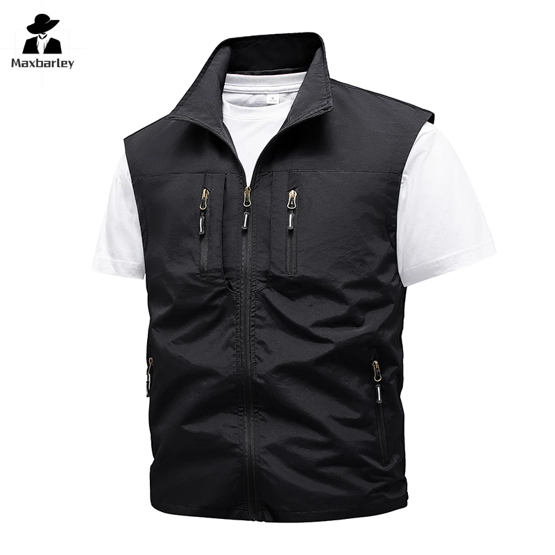 Plus Size Sleeveless Vest Men's Summer Loose Multi Zipper Pocket Fishing Waistcoat Casual Stand Collar Retro Hunting Jacket