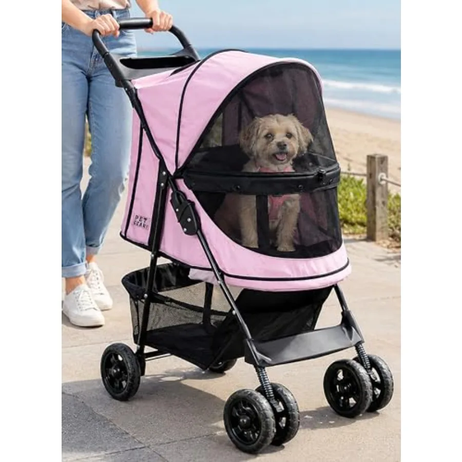 Pet Gear No-Zip Happy Trails Pet Stroller for Cats/Dogs, Zipperless Entry, Easy Fold with Removable Liner, Storage Basket + Cup