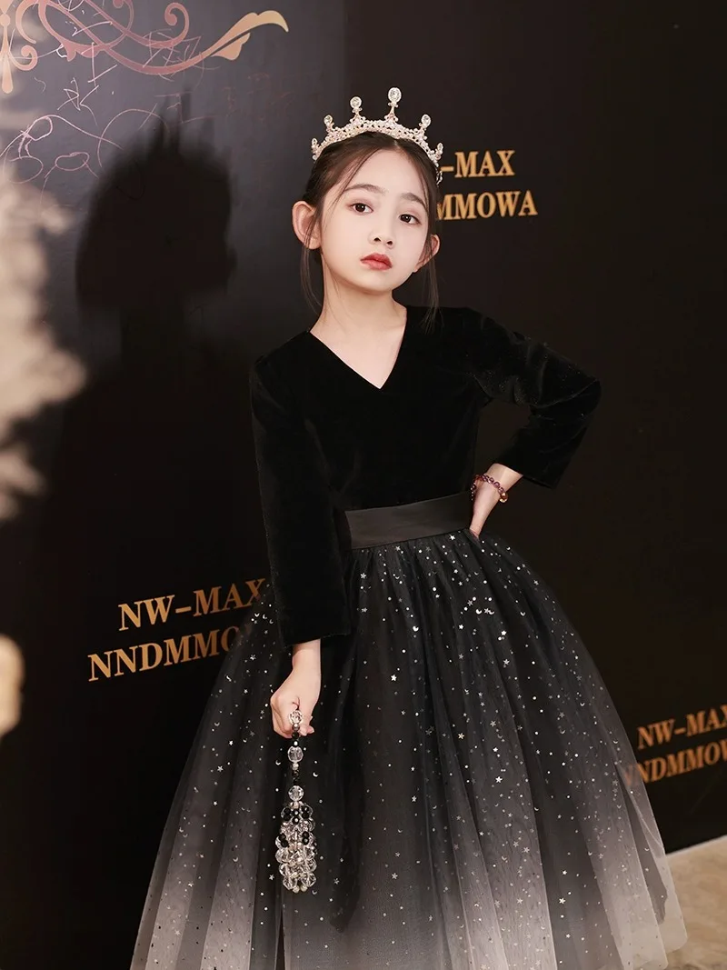 Fashion Girls Black Dresses Children Piano Performance Formal Costumes Kid Birthday Party Luxury Slim Fit Tulle Shiny Dress