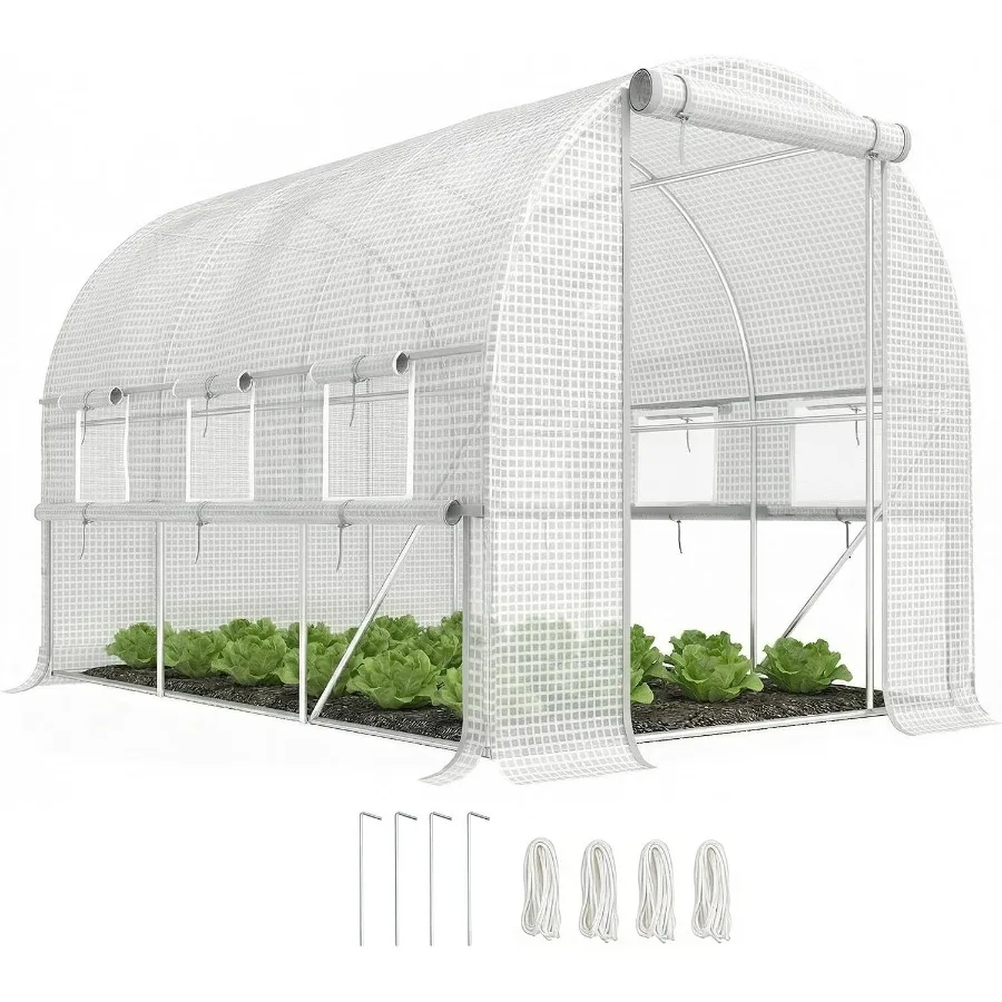 Walk-in Tunnel Greenhouse for outdoor gardening, white polyethylene fabric, white color, zippered doors for easy access and ven