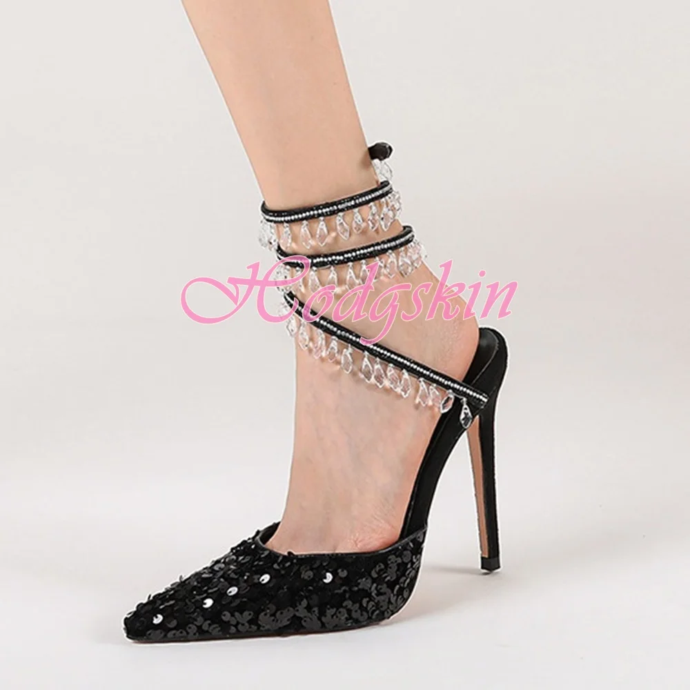 

Crystal Fringe Wrap Sandals Sequined Pointy Toe Stiletto Heels Solid Sexy Style Women Wedding Shoe Summer Banquet Slip on Sandal