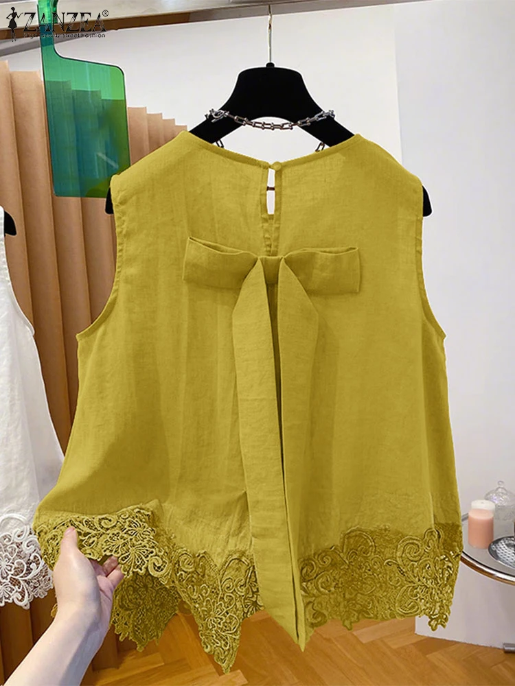 ZANZEA Stylish Bow Detail Lace Patchwork Tank Tops Women 2025 Summer Fashion O-Neck Sleeveless Tops Casual Solid Color Blouses