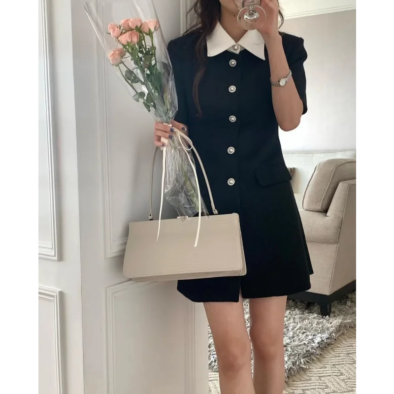 

French Vintage Wine Small Fragrance Dress Women Spring Summer Gentle Detachable Collar Waist Slim Blue Black Mini Dress Female