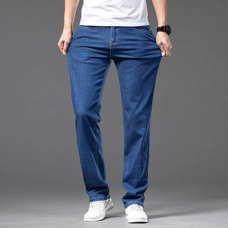 Large Size 44 46 Denim Jeans For Fatty Men Thin Summer New Straight Elastic Denim Pants Fashion Male Business Casual Trousers