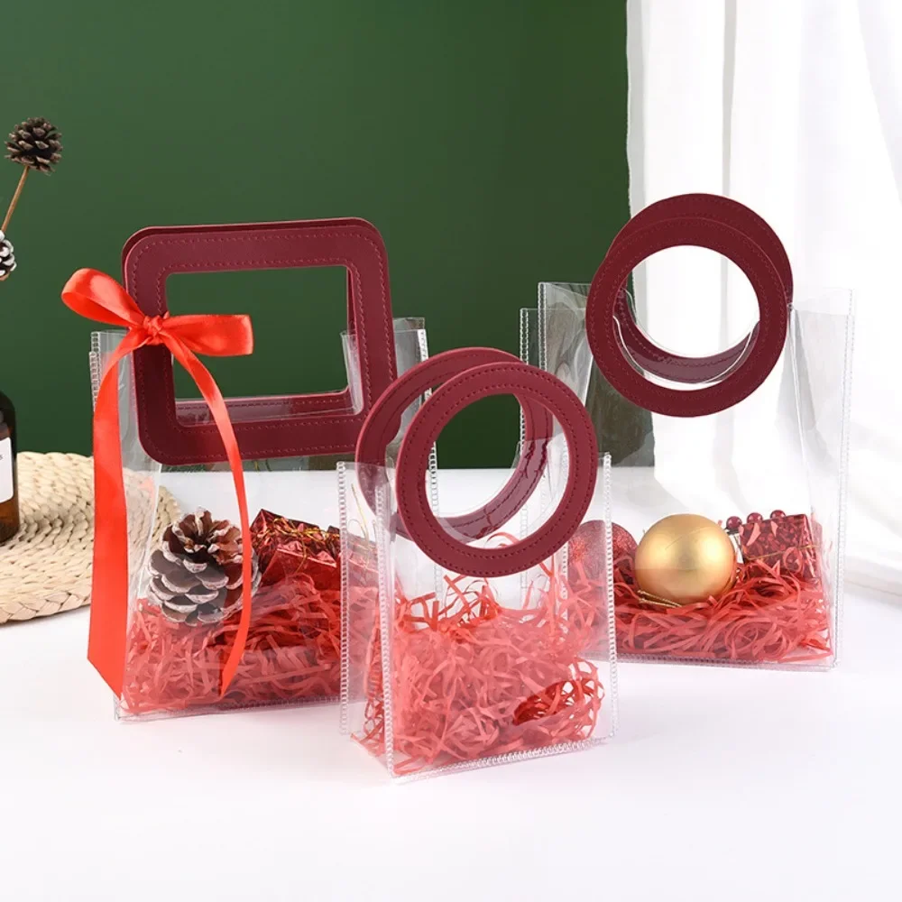 

High Quality PVC Clear Tote Bag Transparent Square Shape Handle Transparent Shopping Bags Round Shape Handle Hand Gift Bag