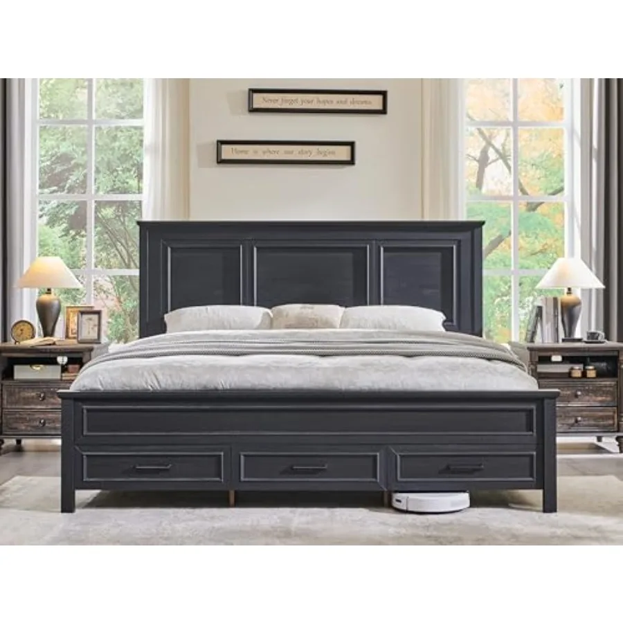 

Farmhouse Queen Size Bed Frame with 52" Tall Headboard, Wood Platform Bedframe with Footboard and Storage Drawers, No Squeak, N