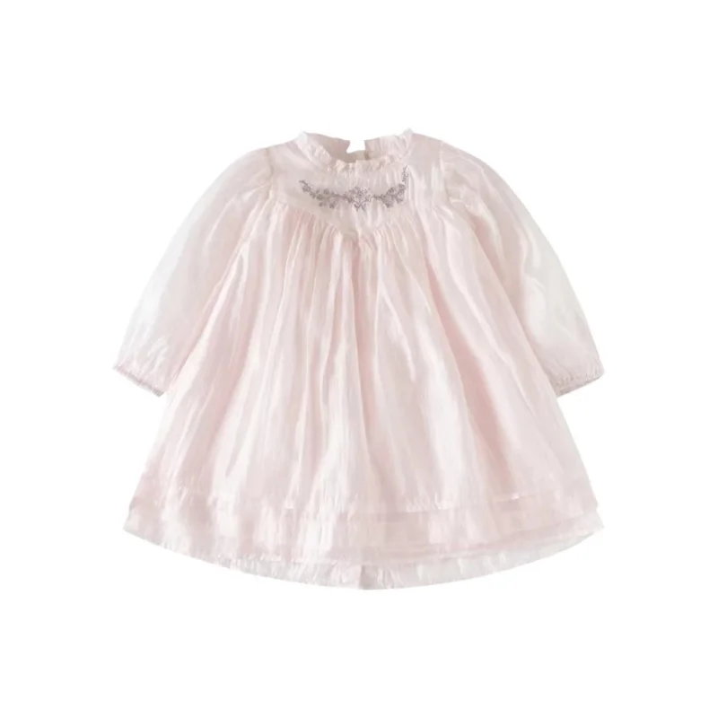 Korean Children\'s Clothing Heavy Industry Embroidery Girls Long-sleeved High-end Gloss Dress Birthday Party Dress