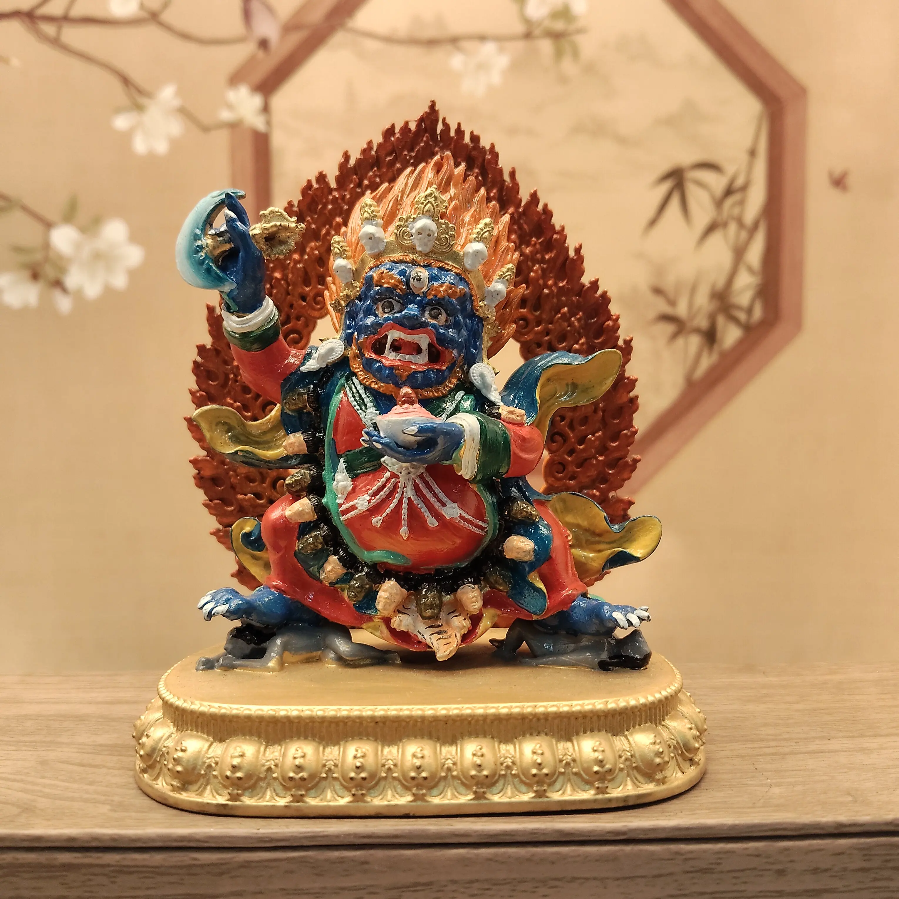 Nepal Handmade Painted Two-Arm Mahakala Vajrapani Statue 10cm Altar Home Protection Deity
