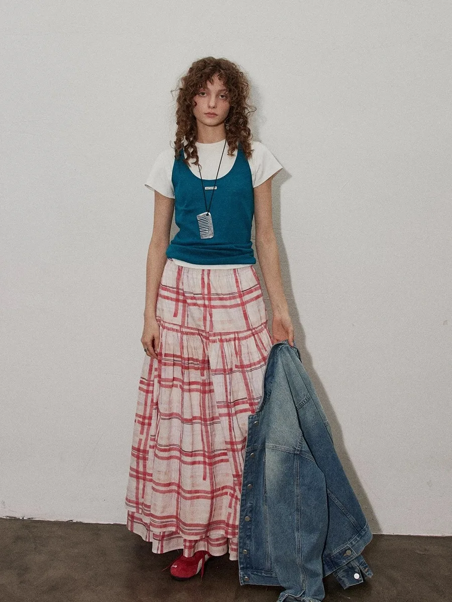 

TheLike Original Summer New Vintage Red Design Loose All-Match Plaid f-Length Women's Skirt High Waist A-Line Long Dr