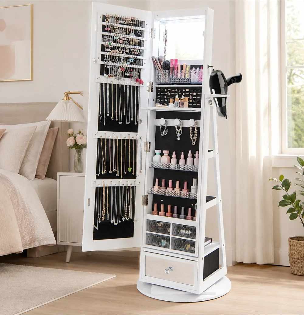 Full Length Mirror Jewelry Armoire - 360 ° Drehbarer Schmuckschrank mit Ganzkörperspiegel,