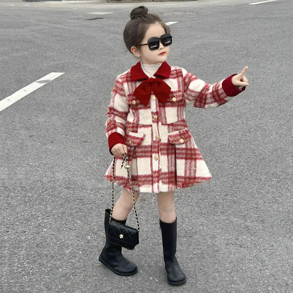 

Kids Baby Girls Princess Autumn Spring Children A-Line Plaid Dress knee-high Elegance Square Warm Long Coat Jacket Retro Clothes