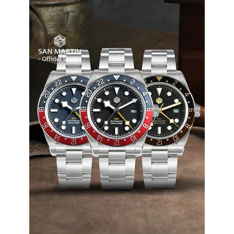 San Martin SN0109G New Upgraded 39mm HZ6460 GMT Men Luxury Watch Classic Business Automatic Mechanical Sapphire 100M Waterproof