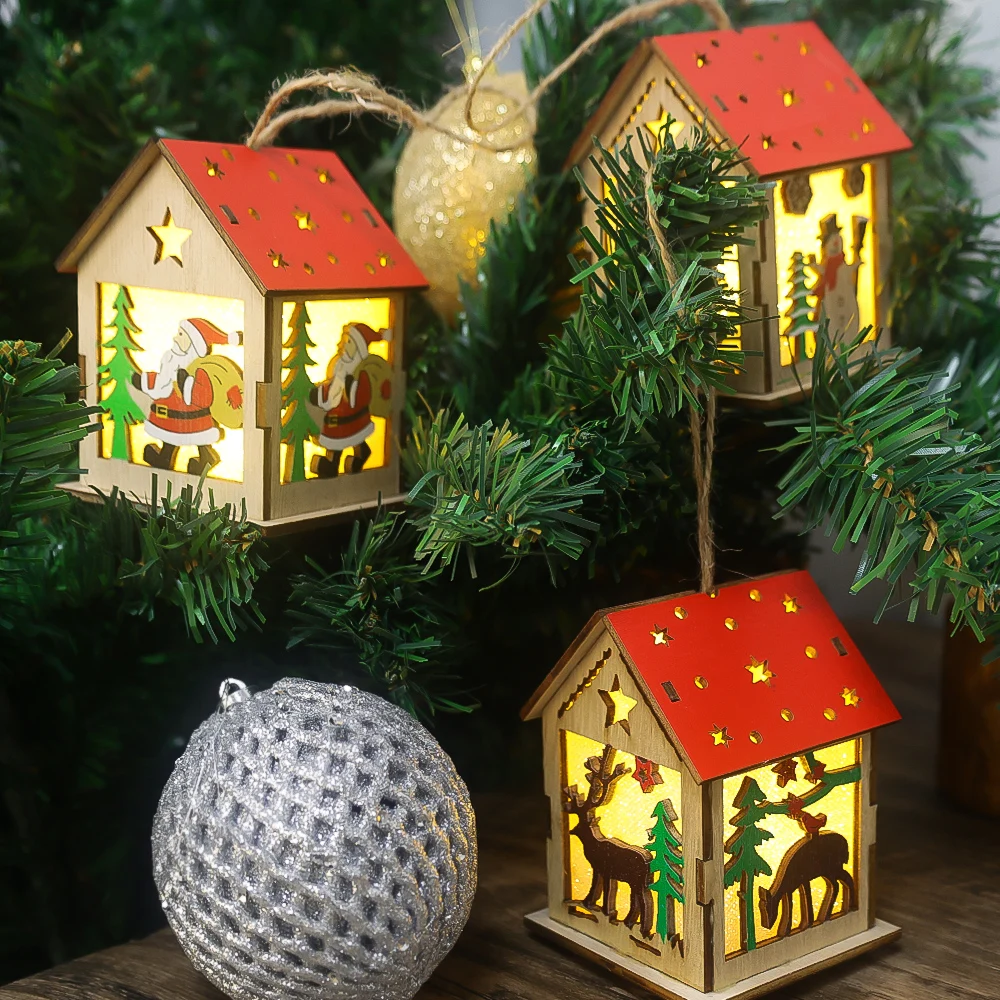 Christmas Night Light Wooden Luminou Chalet Ornaments Xmas Tree Hanging Pendant Bedroom Table Lamp Christmas Home Decor Light