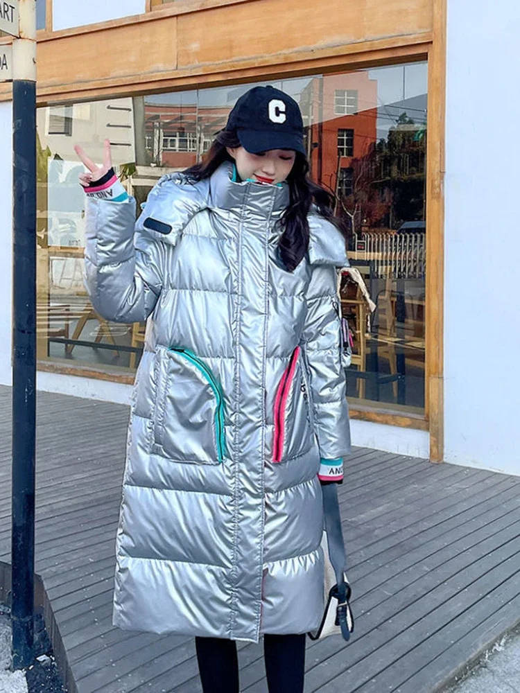 Glossy Parka Snow Coat Women\'s 2024 Fashion Thicken Winter Hooded Loose Long Jacket Female Windproof Rainproof Warm Outwear