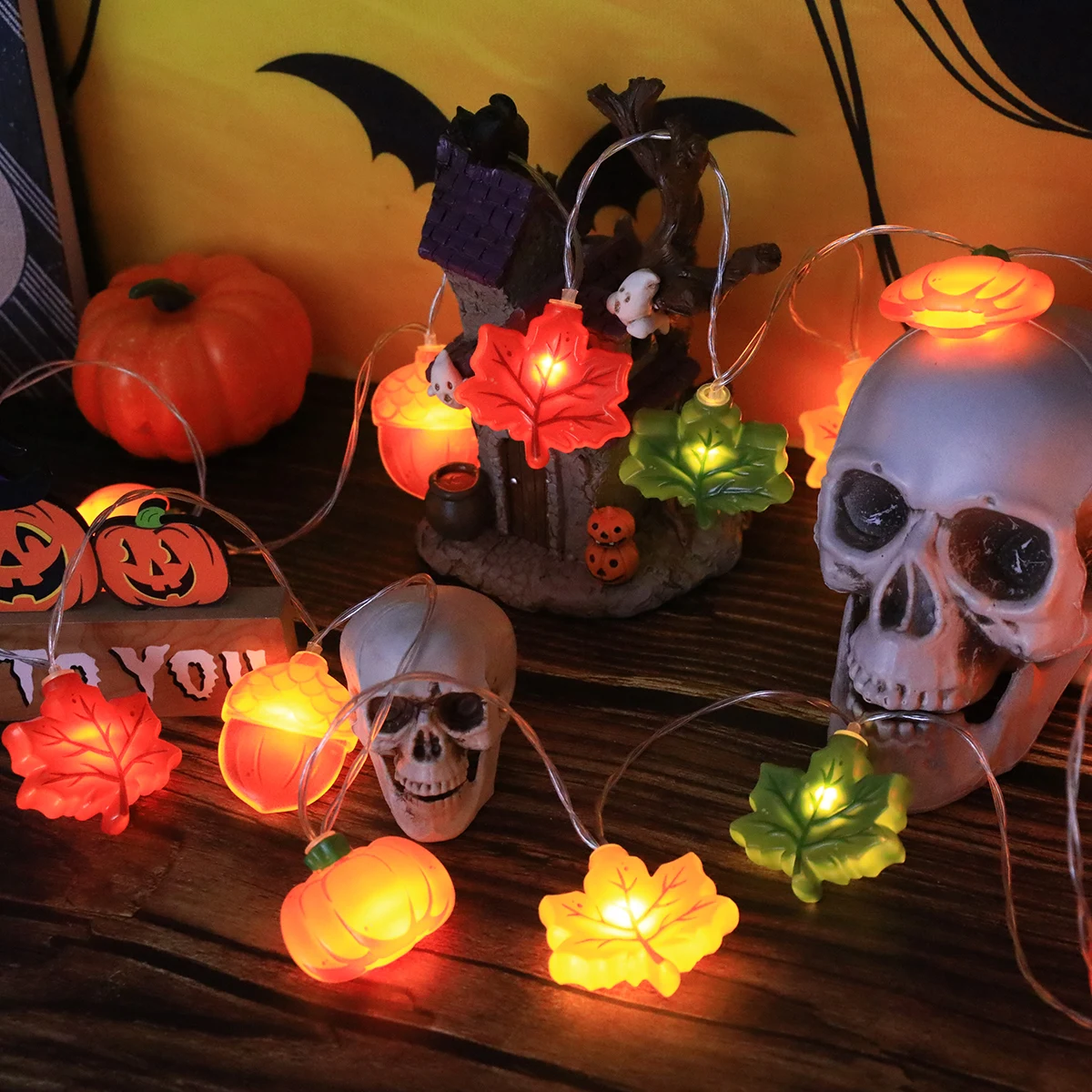 Fall Themed String Lights with Pumpkin, Maple Leaves & Acorn, Warm LED Fairy Lights for Garden Bedroom Harvest Party Lighting