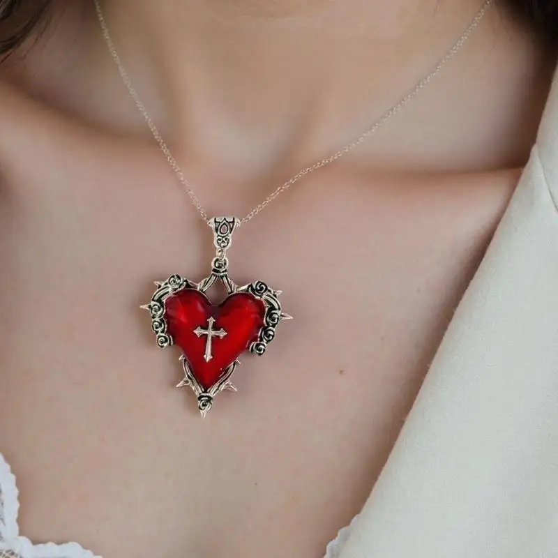 Gothic Thorn Red Heart Necklace with Adjustable Chain For Unique Lovers