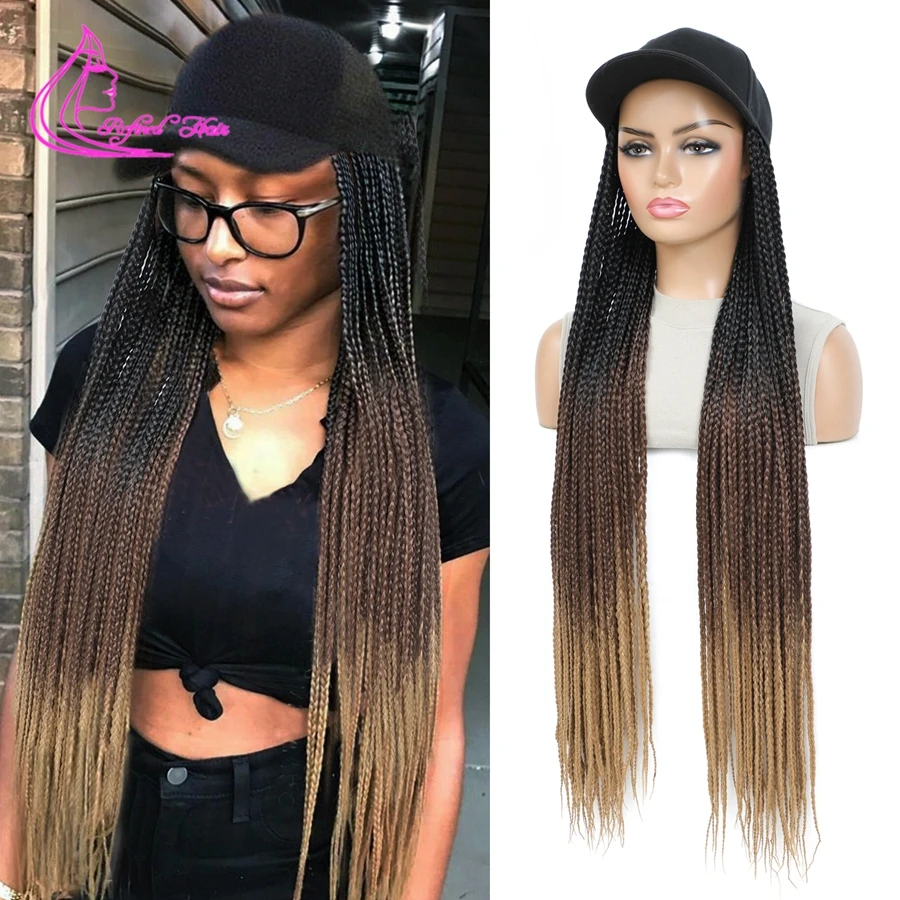 Synthetic Braided Wig Baseball Cap With 30inch Long Braiding Hair Extensions For Black Women Girls Adjustable Size Brown Blonde