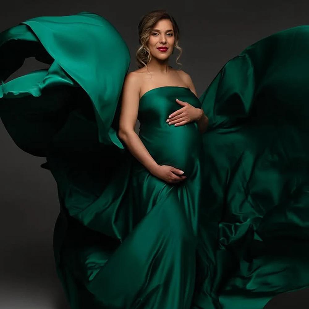 4M Flying Maternity Photography Props Silk Satin Throwing Fabric Pregnant Photo Shoot Studio Accessories Emerald Green Dress