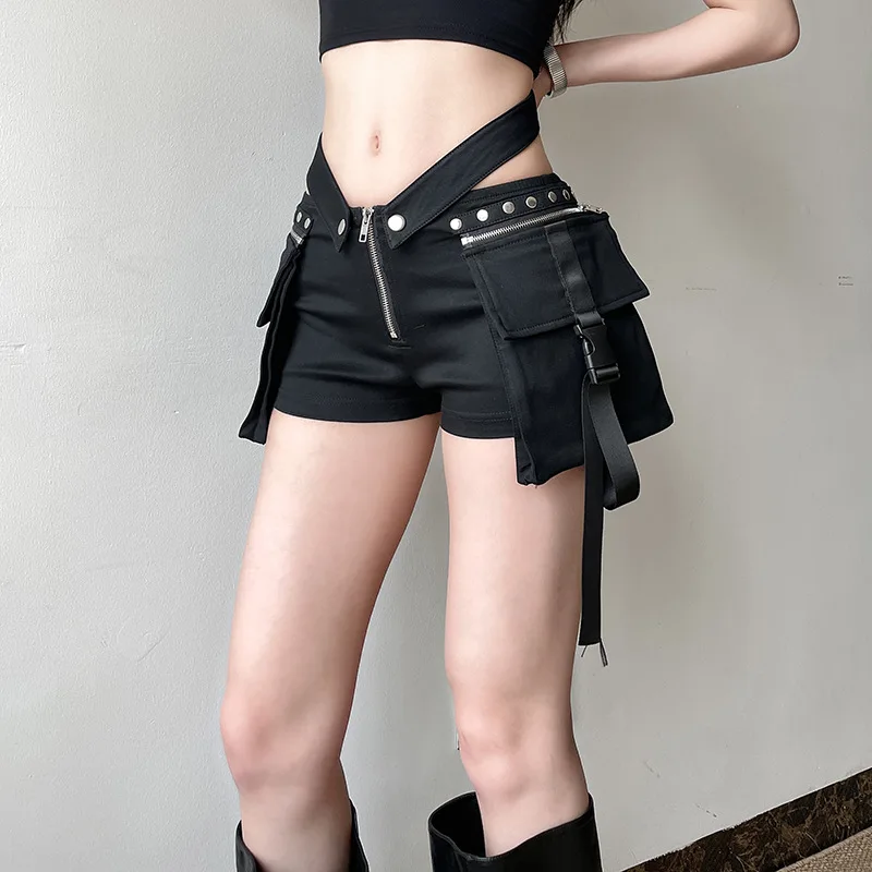 Safari Style Big Pockets Shorts Dark Casual Slim Solid Low-Waisted Shorts Women 2025 Summer Fashion Streetwear Ladies