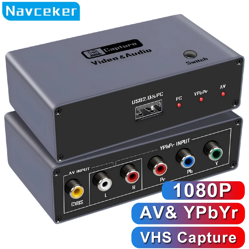 Navceker VHS to Digital Converter USB 2.0 RCA AV YPbPr Video Capture Card VHS Recorder For PS5 VCR Game Recording Live Streaming