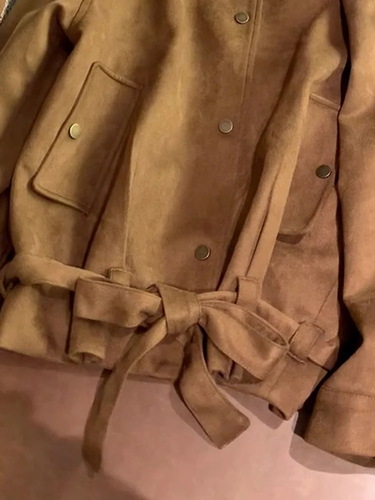 Women Korean Vintage Jacket Autumn Patchwork Bandage Streetwear Casual Coats Y2K Hottie Loose Long Sleeve Button Brown Outwear