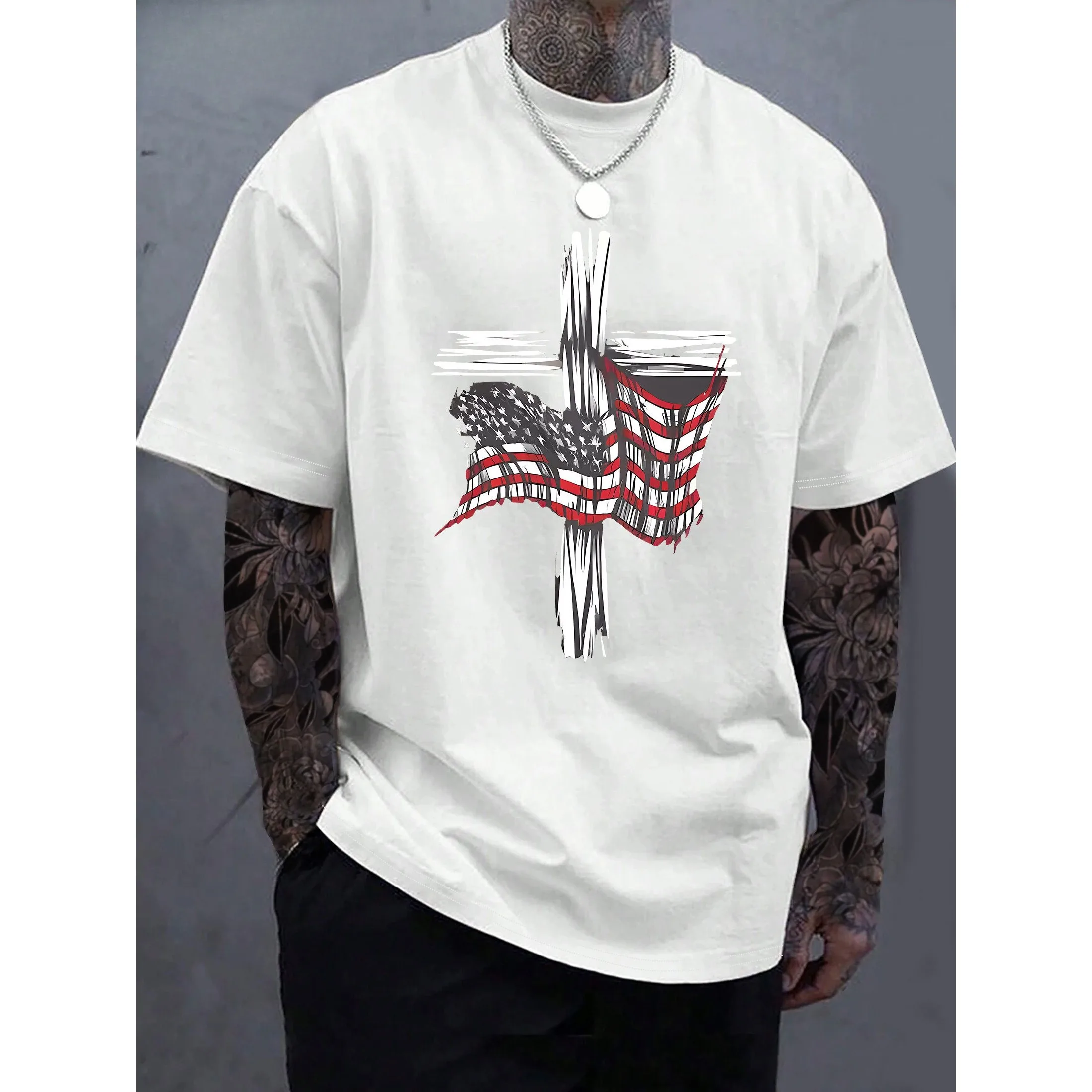 Nowa męska bawełniana koszulka T-shirt z nadrukiem wzoru flagi krzyżowej, butikowa, gruba, modna, codzienna koszulka bawełniana. — zdjęcie 2