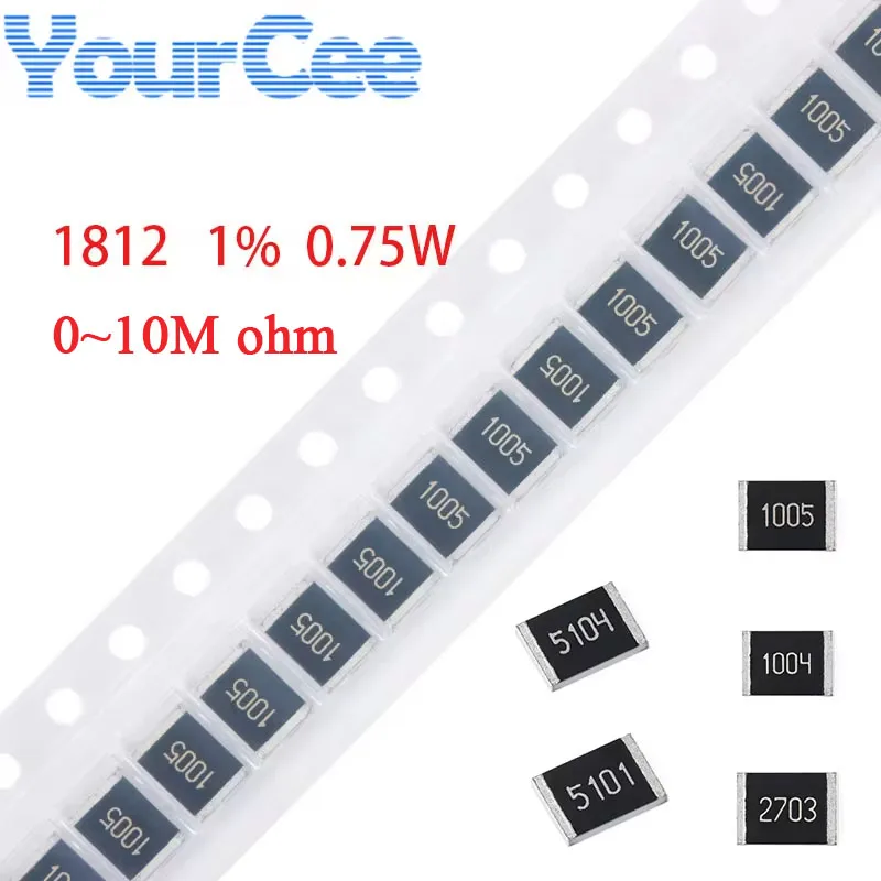 50pcs/lot 1812 SMD Resistor 1% 0.75W 0~10M 0 0.1 0.2 0.47 5.6 10 12 20 30 82 200 680 820 1K 2K 6.2K 10K 20K 22K 200K 1M ohm