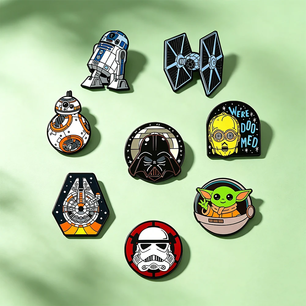 8pcs Star Wars Enamel Brooch Set R2-D2 BB-8 TIE Fighter Darth Vader Millennium Falcon Stormtrooper Grogu Clothing Jewelry image 3