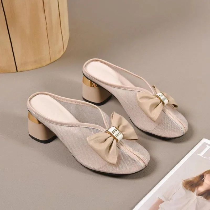 2024 Summer New Wear A Bow Net Gauze Lazy Hollow Breathable Slippers Fashion Elegant Bao Head High Heels Women's Mueller Shoes
