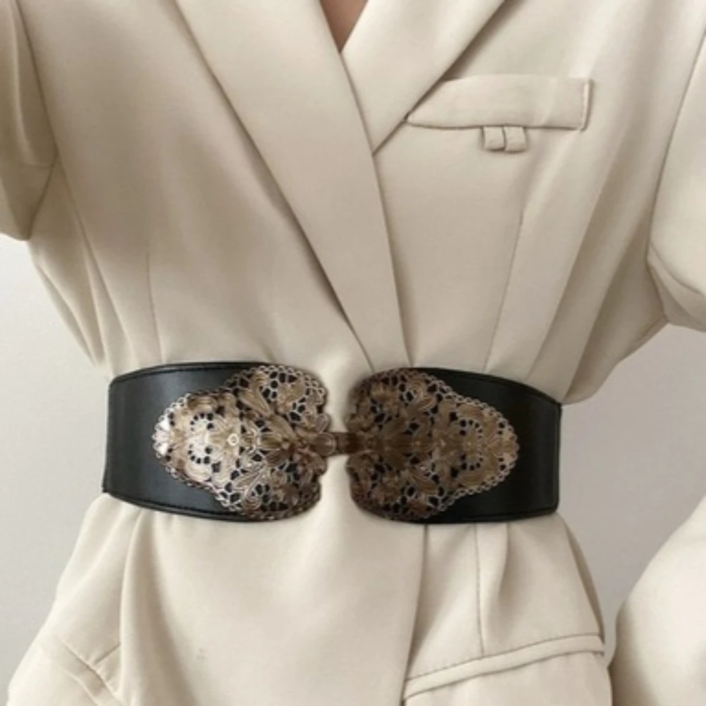 1 piece belt elastic fashionable retro decorative dress down jacket waist seal hollow engraved bronze design belt new