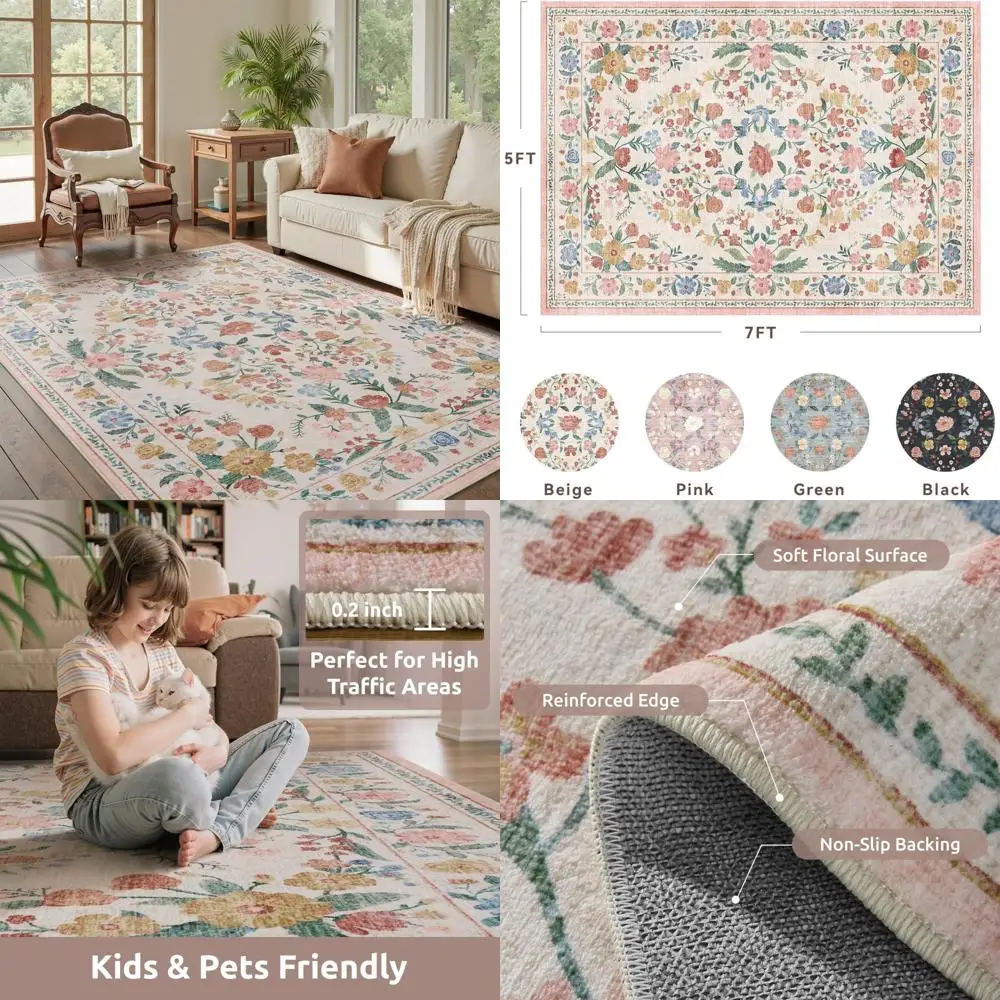 

AMOAMI Винтажные цветочные коврики 5x7 для гостиной, коврик, который можно стирать в машине, нескользящий большой коврик для спальни, в помещении, низкий Pil