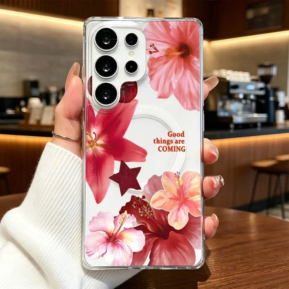 Fresh Pink Hibiscus Flower For Samsung Galaxy S26 S25 S24 S23 S22 S21 Ultra FE Plus Transparent Magnetic Phone Case Cover