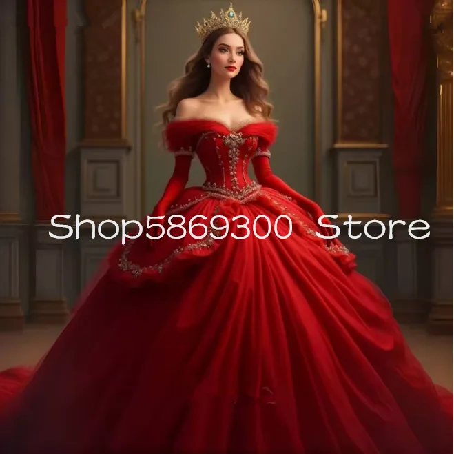 Czerwona Księżniczka Suknie Balowe w Stylu Wiktoriańskim Odkryte Ramiona Marszczone Plisowane Gorset Sznurowane Złote Suknie Wieczorowe na Maskaradę Szyte na Miarę