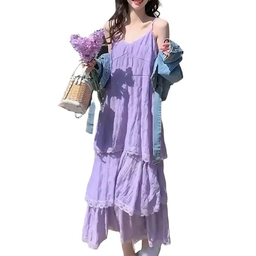 Women's Casual Loose V-neck  Lace Maxi Dress Summer Beach Vacation Long Dress Solid Color Loose