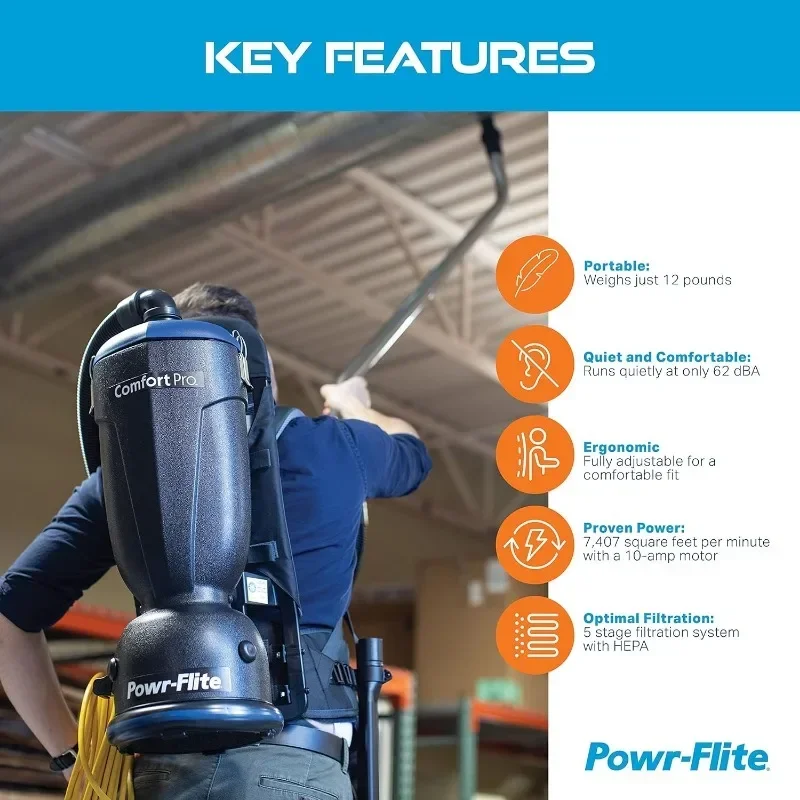 Powr-Flite Comfort Pro Backpack Vacuum Cleaner, 6 Quart Commercial Vacuum Cleaner with Premium Tool Kit, HEPA Vacuum, BP6S