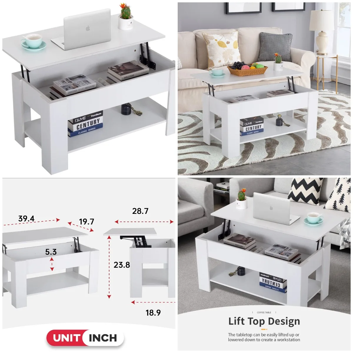 

39' Lift Top Coffee Table with Hidden Storage, White – Compact Living Room Furniture