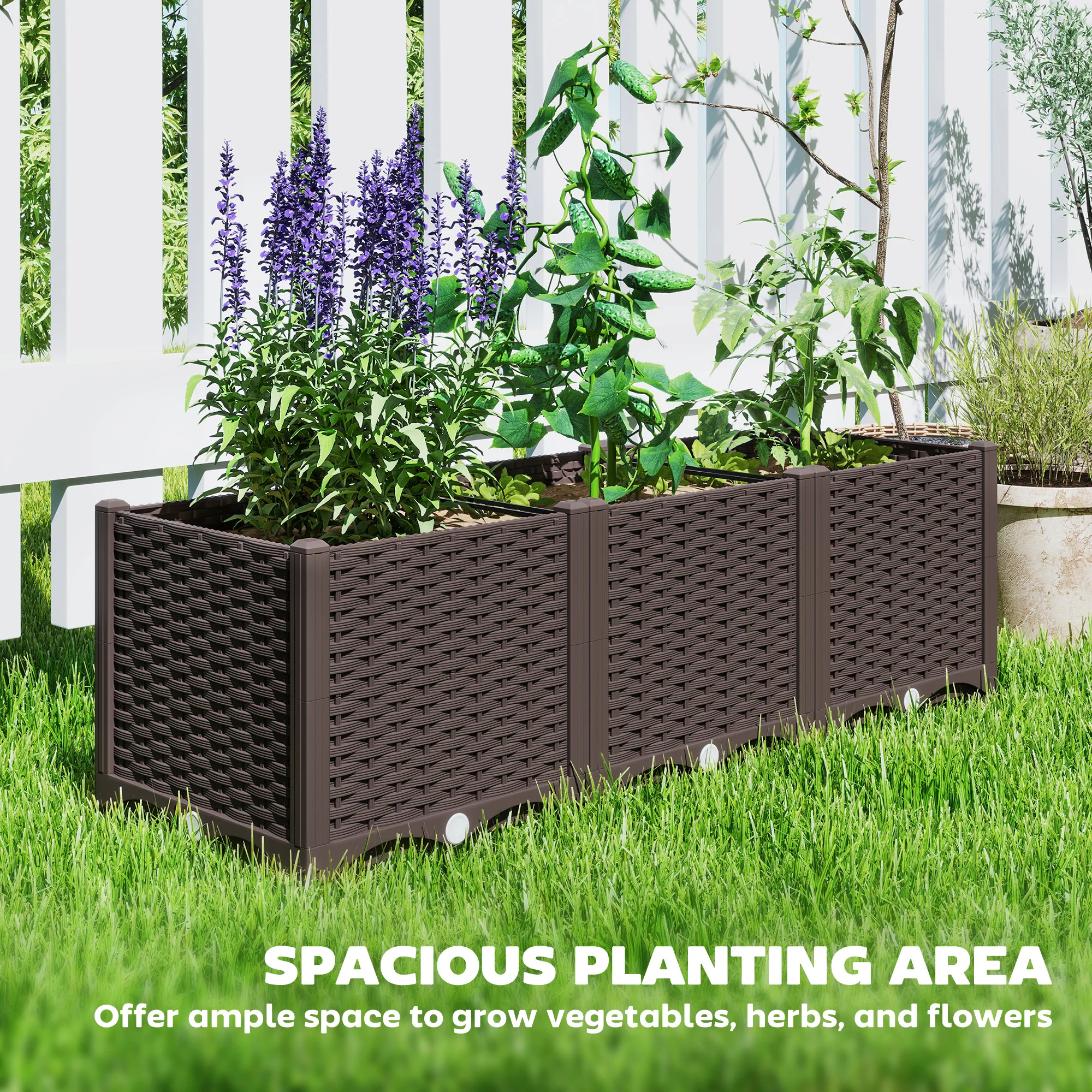 

Self Watering Plastic Raised Garden Bed 4x1x1 Ft Outdoor Planter Box with Drainage Holes & Plugs for Vegetables Herbs Brown