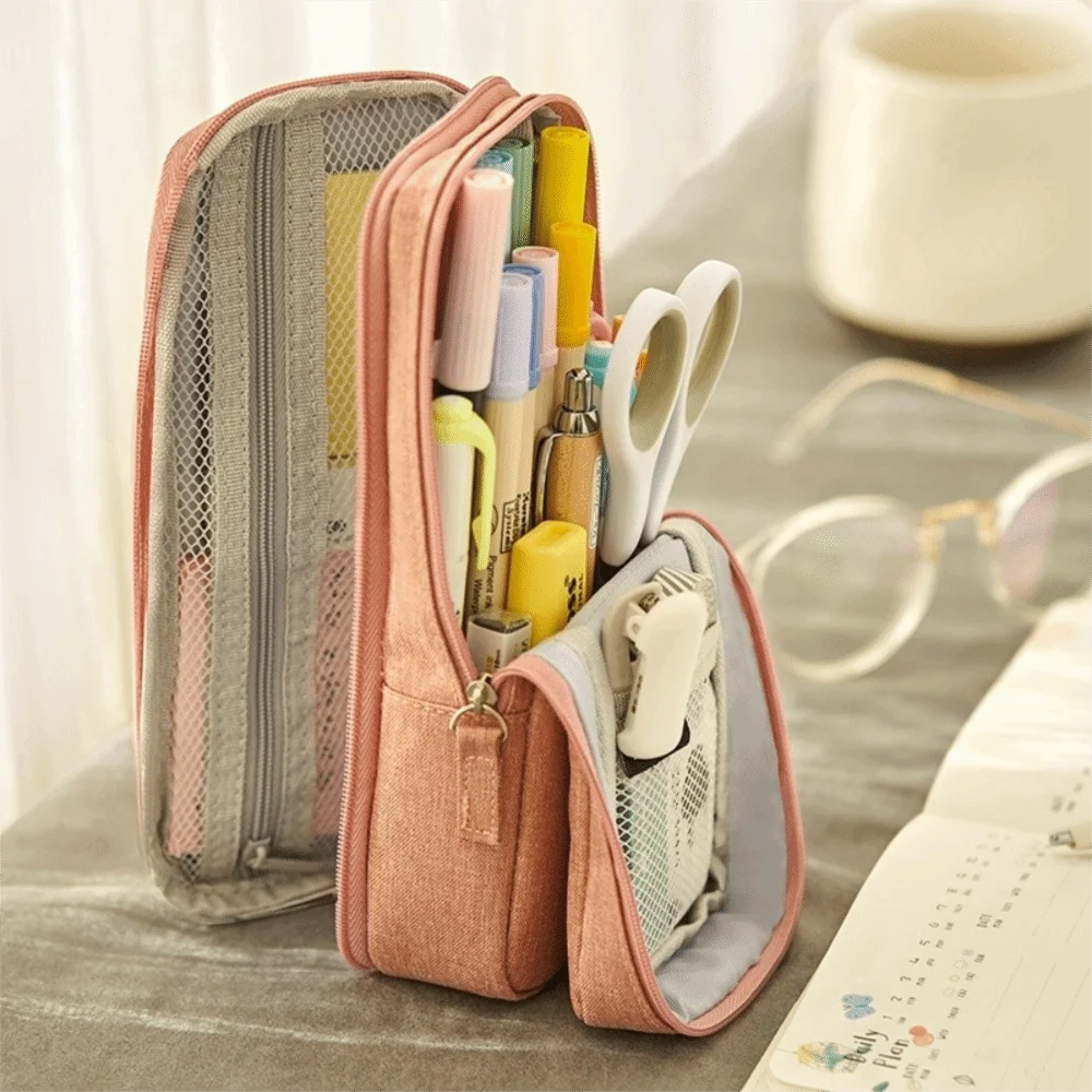 Large-capacity Folding Pencil Case Simple Double-layer Pen Storage Bag Zipper Aesthetic Student Stationary Boxes Desktop Storage