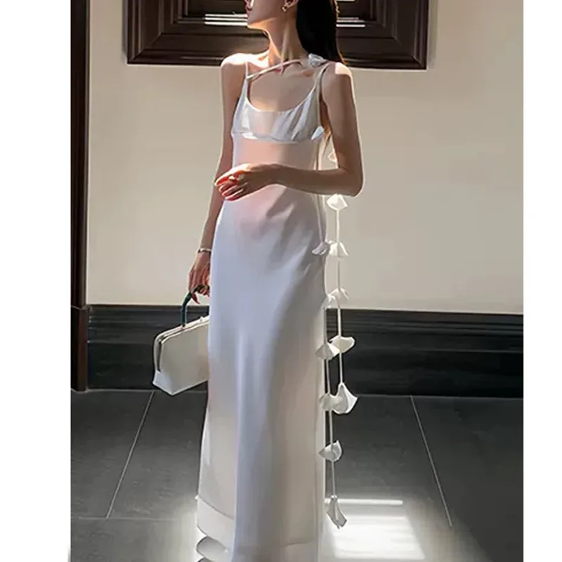 Satin Ribbon Dress Suspender Long Dress Women 2024 Summer Temperament Raw Edge Shoulder Strap Sleeveless Backless A-line Dress