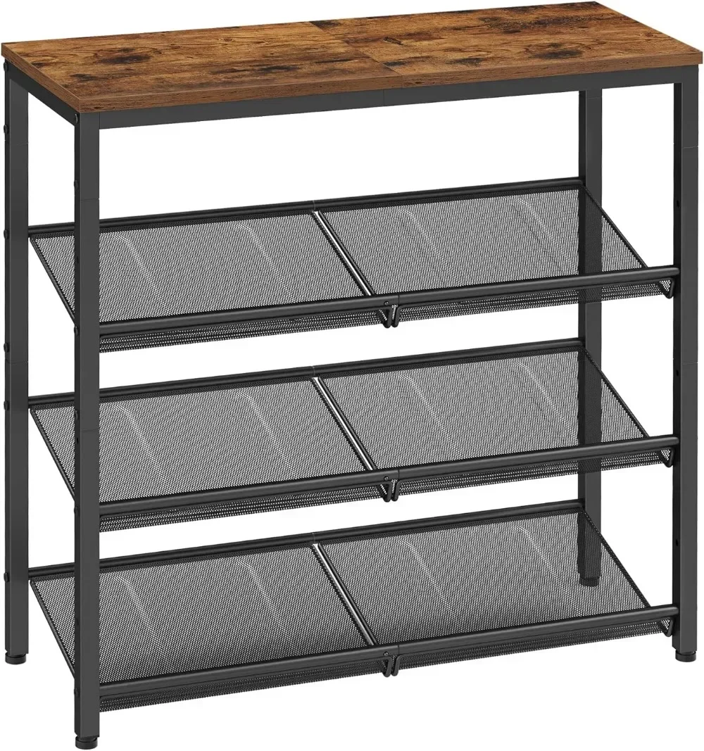 

4 Tier Shoe Storage Shelves, 12-15 Pairs Shoe Organizer, with Sturdy Wooden Top and Steel Frame, Free Standing, Industrial