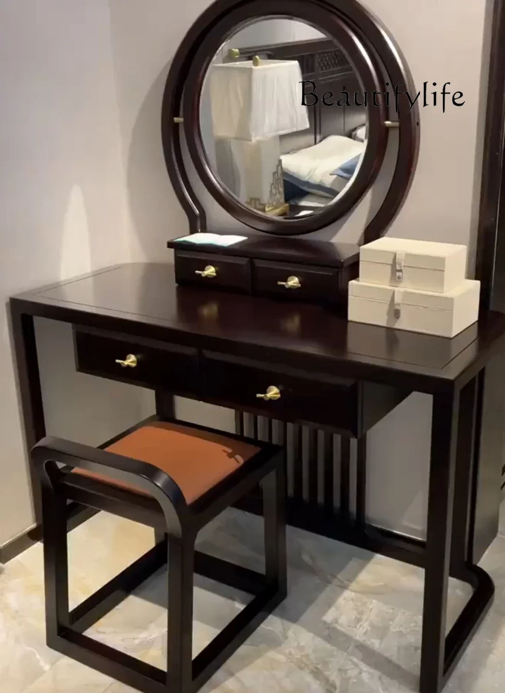 N19  Chinese Style Ugyen Wooden Dressing Table with Mirror Modern Minimalist Type Makeup Table Dressing Stool Combination