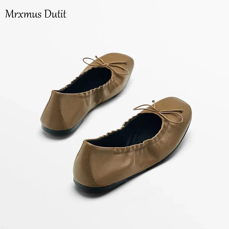 Mrxmus Dutit Fashionable Leather Square Toe Shallow Cut Flat Shoes 2024 Summer New Brown Retro Pleated Details Flat Ballet Shoes