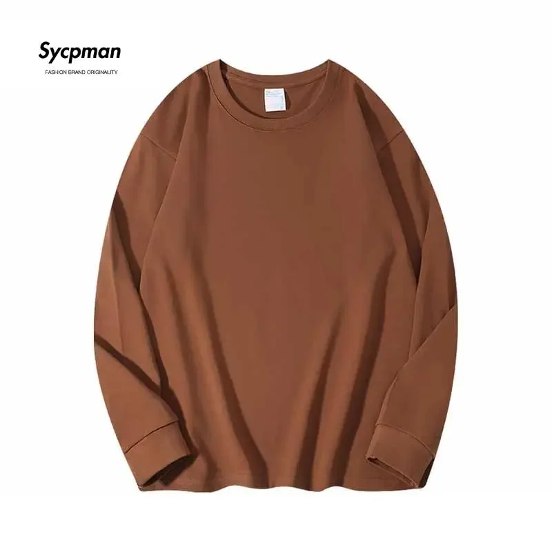 

Sycpman 300 Grams Cotton Long Sleeve O-Neck T Shirt Autumn and Winter New Solid Loose Top Couple Casual Bottoming Shirts