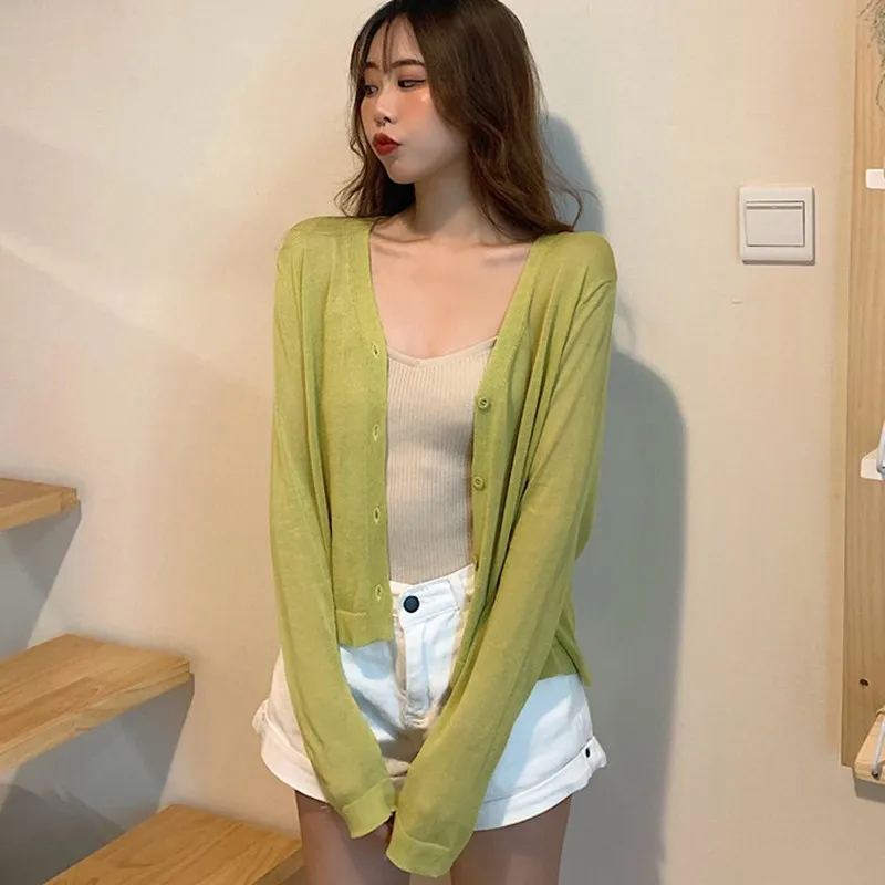 Women Summer Sunscreen Cardigan Button Knitwear Tops Female Korean Style Sleeve Short Coat Casual Sun Protected