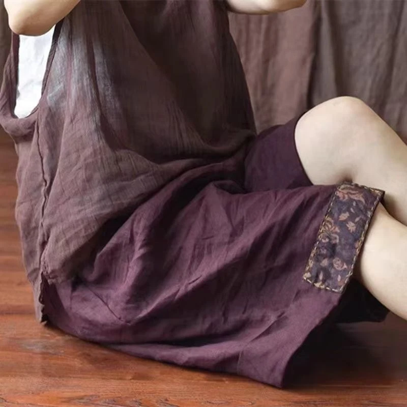 Pantaloni corti da donna in lino di cotone oversize con toppa stile etnico retrò Pantaloncini da spiaggia casual a vita alta estivi