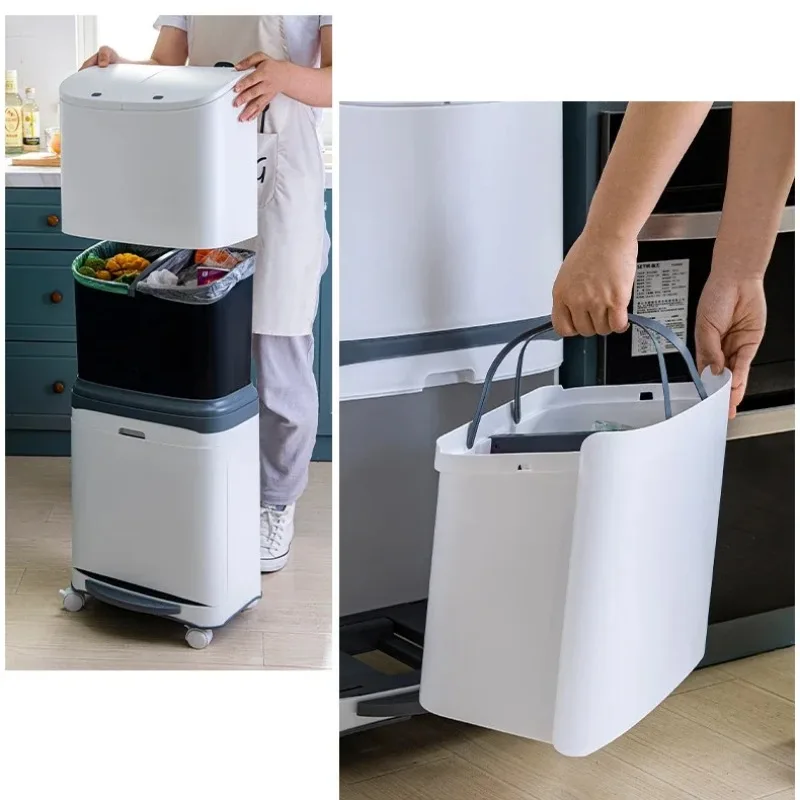 New Convenient Garbage Bucket Sorted Waste Bin With Wheel Plastic Kitchen Trash Can Corner Recycle Bin Press Open Storage Bucket