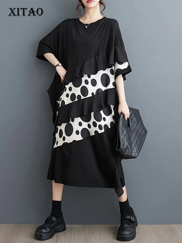 

XITAO Print Patchwork Dress O-neck Short Sleeve Pullover Temperament Loose Casual Summer Fashion Women New Dress LYD1799