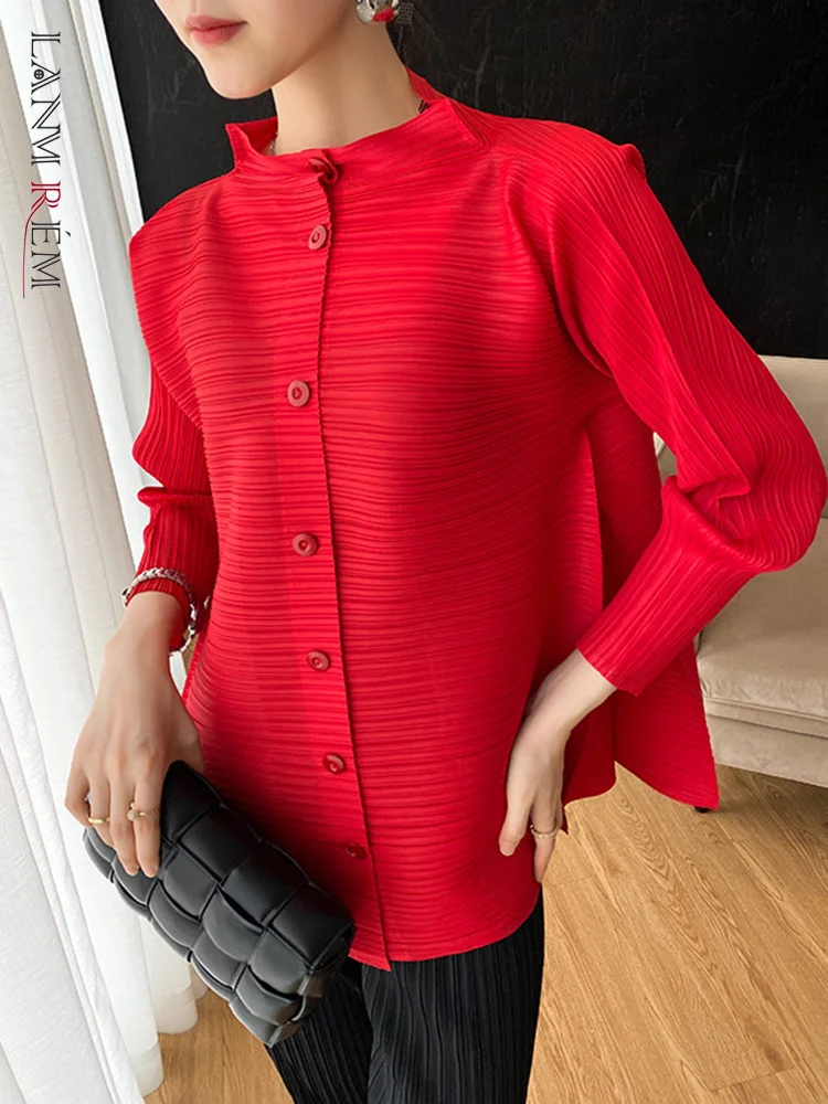 LANMREM Versatile Pleated Shirts Loose Solid Color Stand Single Breasted Casual Shirt Women Fashion Top 2023 Autumn New 2C787