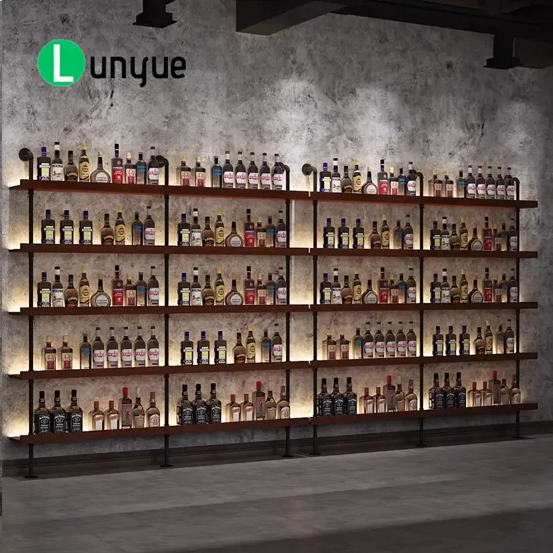 Modern Luminous Iron Wall Mounted Wine Rack Multi Layer Wood Display Shelf for 40-49 Bottles Home Bar Furniture Storage